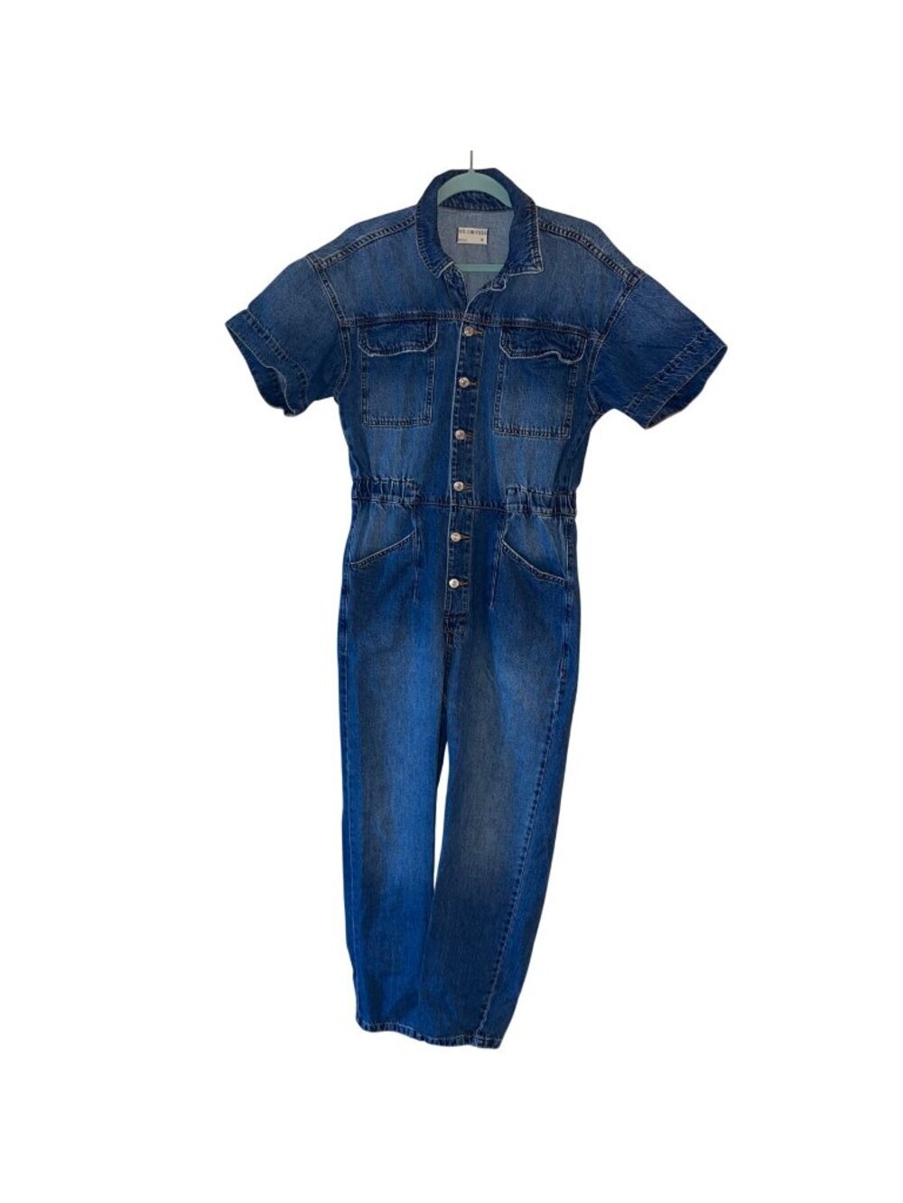 We The Free Womens Jumpsuit Size Medium Blue Marci Denim Coveralls Short Sleeve